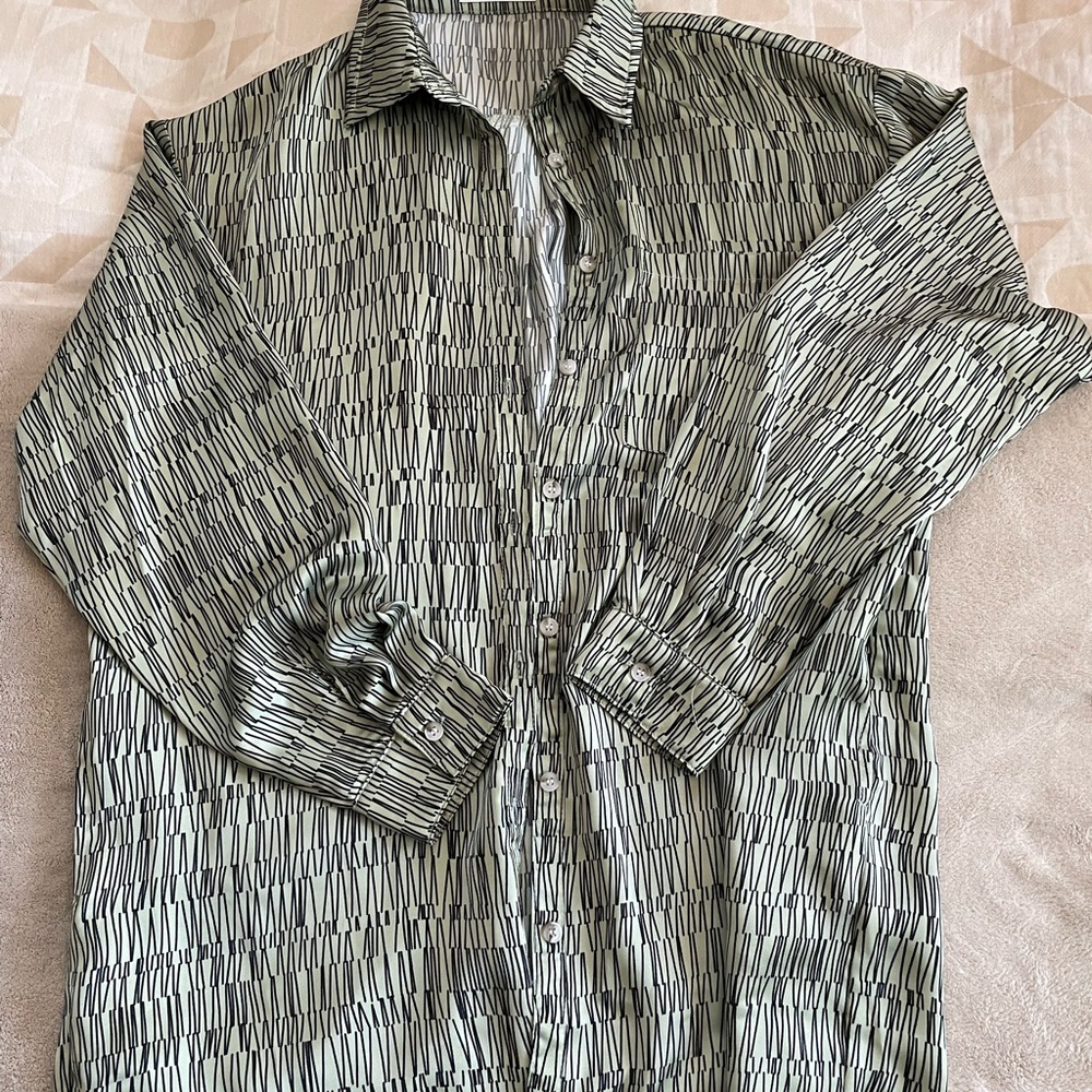 12th Tribe Light Green and Black Linear Print Button-Down Shirt